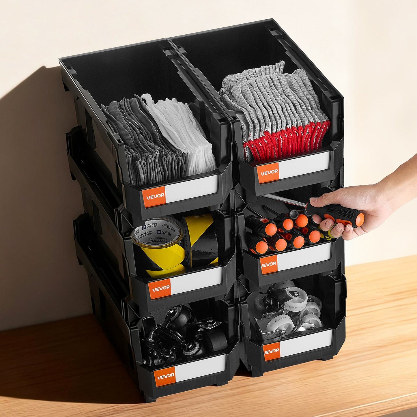 Plastic Stackable Storage Bins, 37.7 x 21.5 x 18 cm (6 Pack), Plastic Containers for Organizing and Storage Bins for Closet, Garage, Small Parts, Office Supplies and Other Accessories, Black