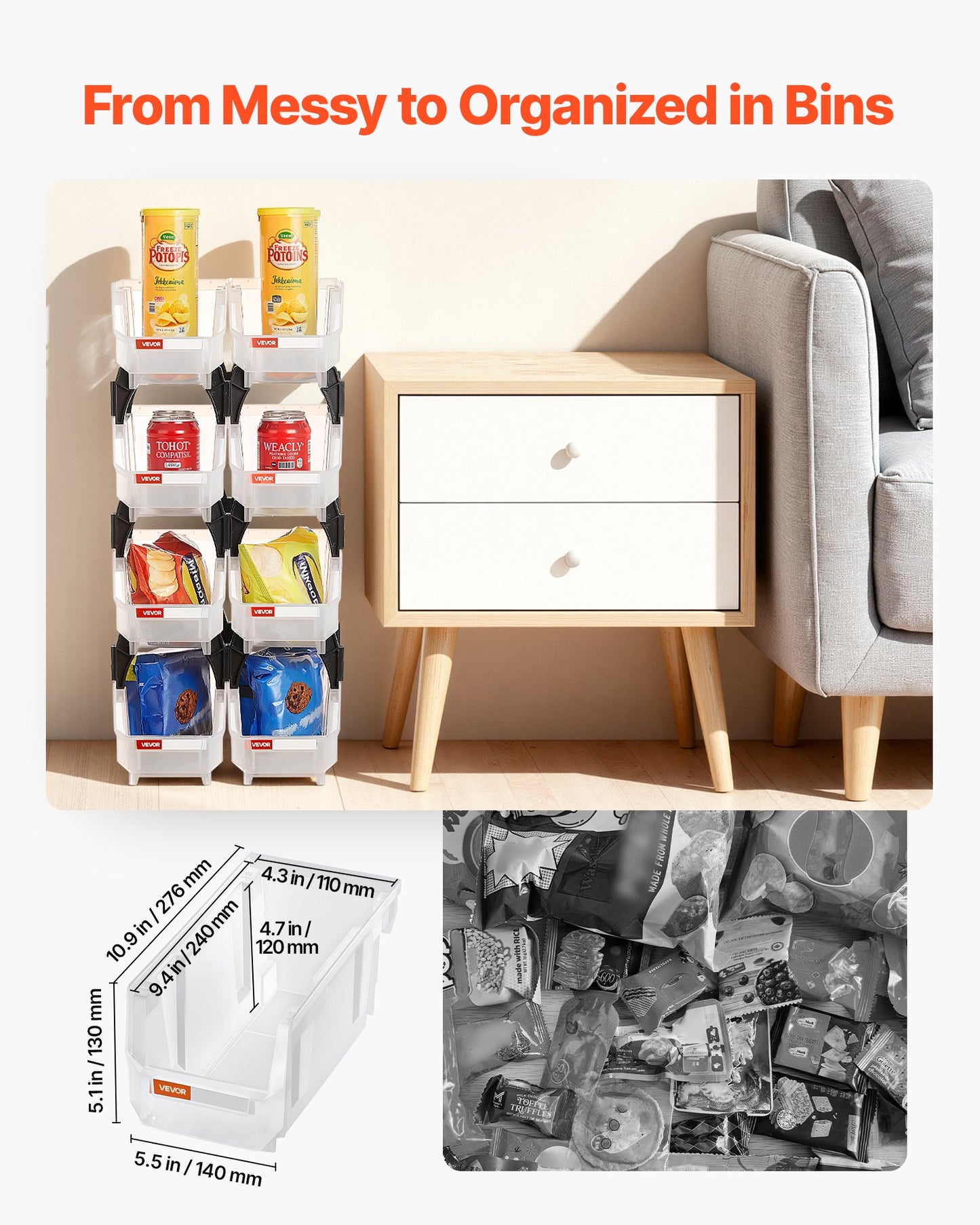 Plastic Stackable Storage Bins, 27.6 x 14 x 13 cm (8 Pack), Plastic Containers for Organizing & Storage Bins for Closet, Garage, Small Parts, Office Supplies, Other Accessories, Transparent