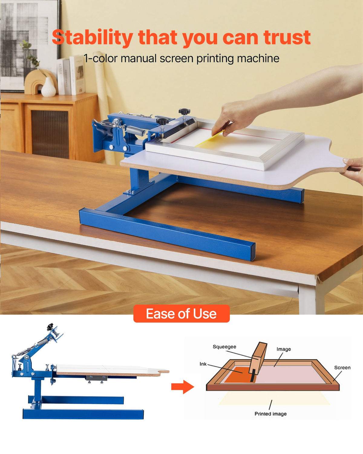 Screen Printing Machine 1 Color 1 Station Silk Screen Printing Press, 540 x 450 mm Platen, Adjustable Tension, Powder-Coated Carbon Steel, for T-shirt Clothing DIY, Home and Commercial Use