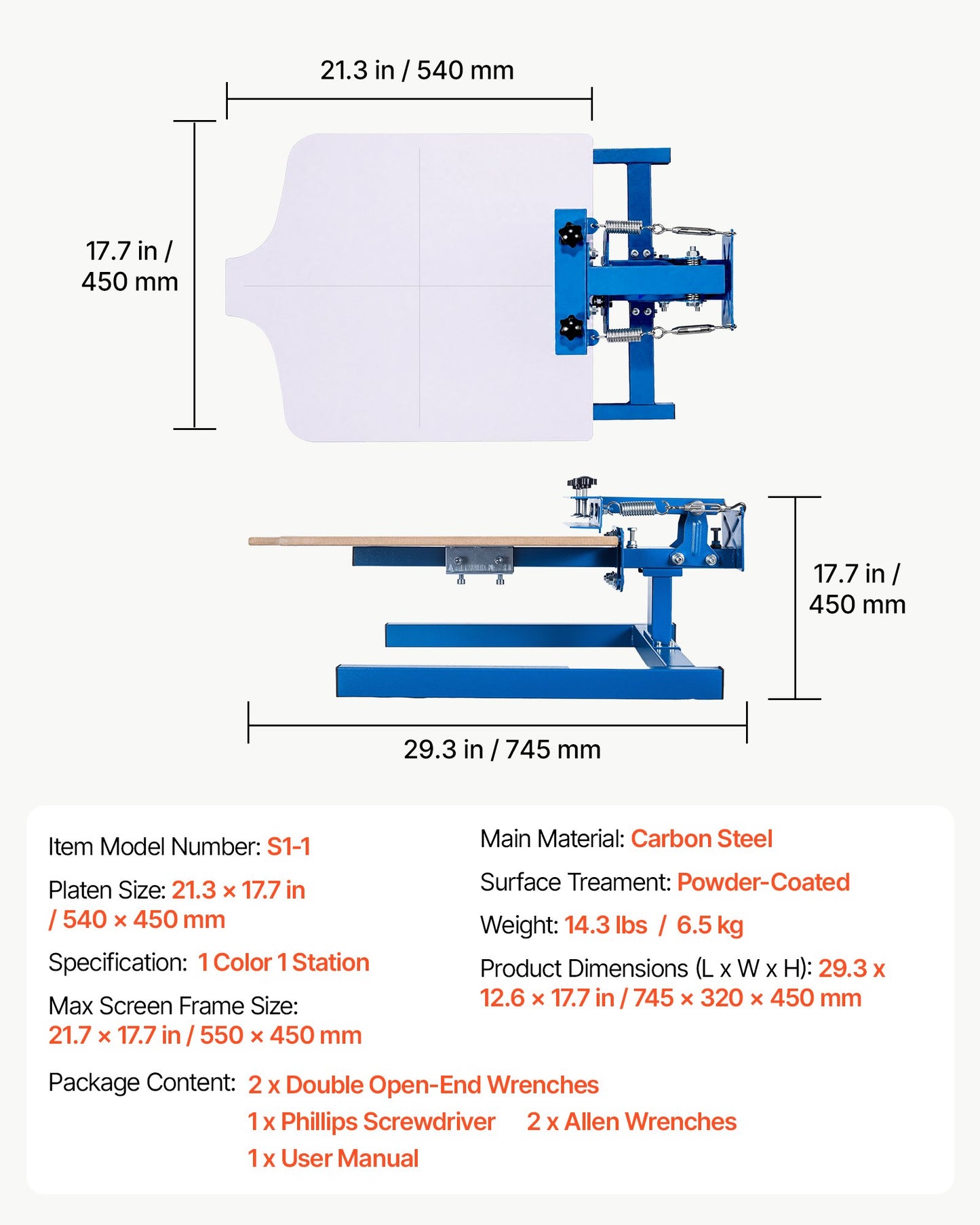 Screen Printing Machine 1 Color 1 Station Silk Screen Printing Press, 540 x 450 mm Platen, Adjustable Tension, Powder-Coated Carbon Steel, for T-shirt Clothing DIY, Home and Commercial Use