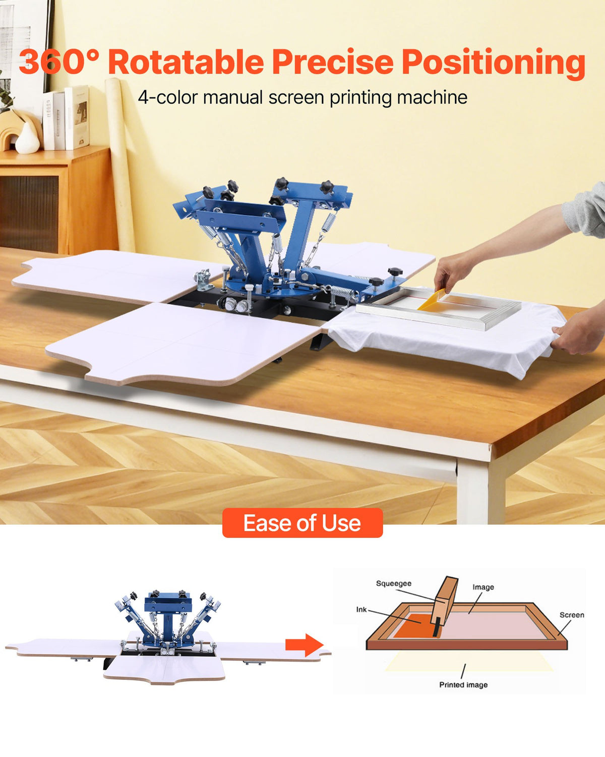 Screen Printing Machine 4 Color 4 Station Silk Screen Printing Press, 540 x 450 mm, 360° Rotatable, Accurate Positioning, Powder-Coated Carbon Steel, for T-shirt DIY, Home and Commercial