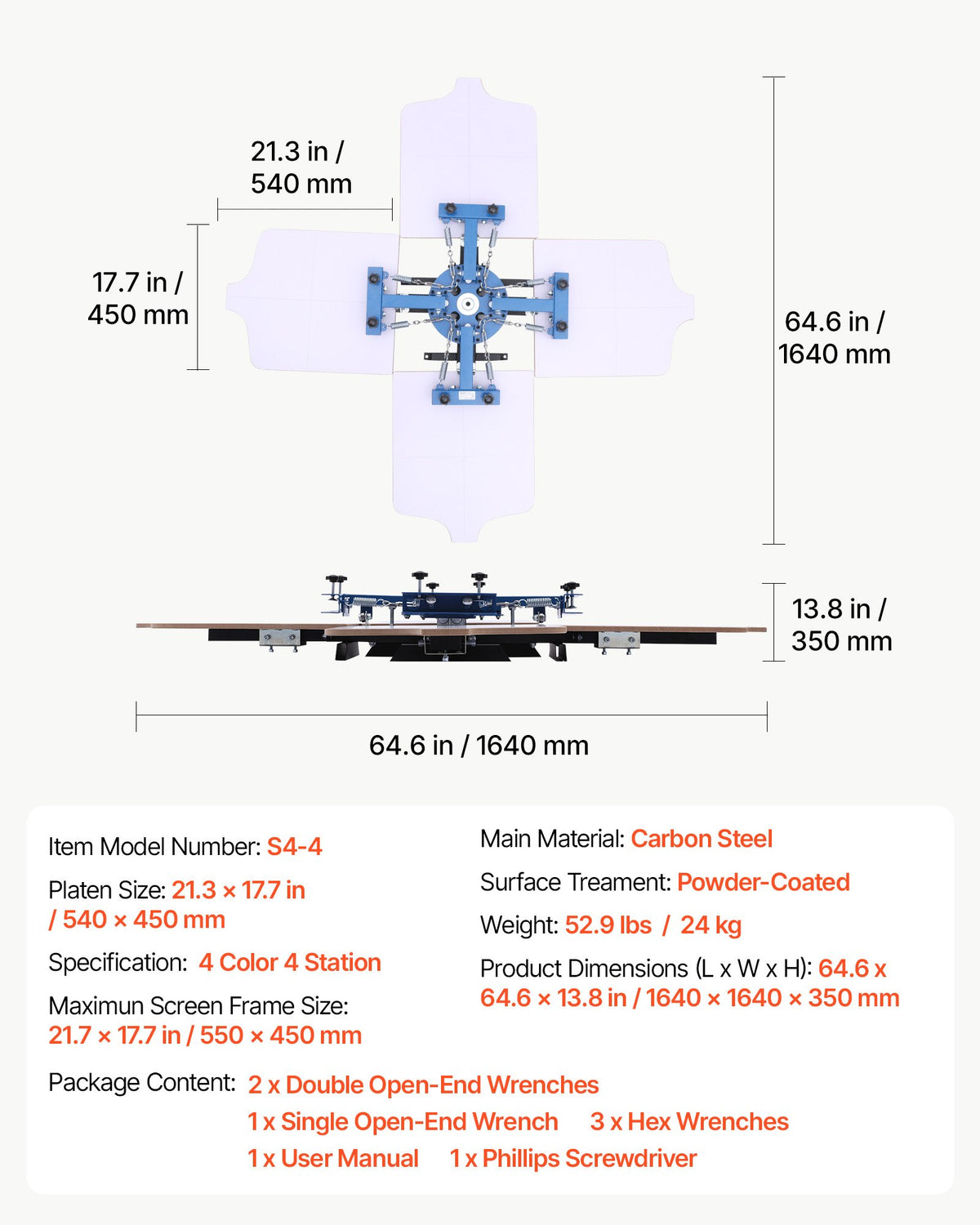 Screen Printing Machine 4 Color 4 Station Silk Screen Printing Press, 540 x 450 mm, 360° Rotatable, Accurate Positioning, Powder-Coated Carbon Steel, for T-shirt DIY, Home and Commercial