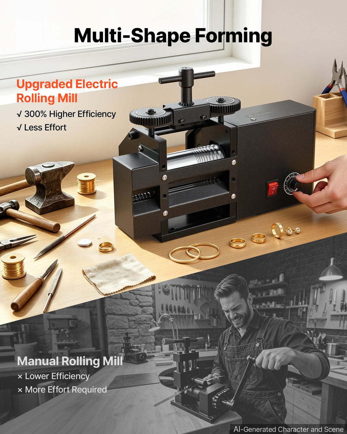 Rolling Mill 4-in-1 Flat Square Round Half-Round Electric Roller Mill, Jewelry DIY Tool, 0.03-7 mm Adjustable Thickness, Stable & Even Rolling, for Pressing Ductile Metals, Gold, Silver, Copper