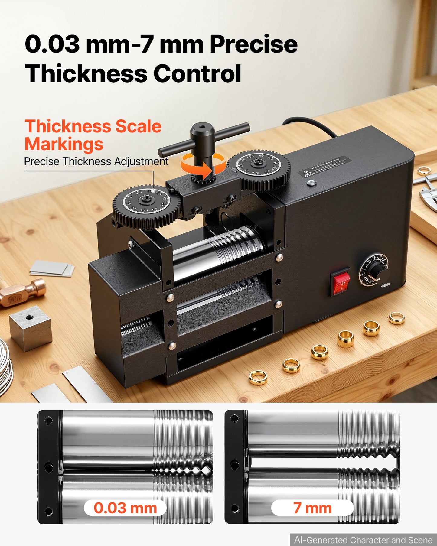Rolling Mill 4-in-1 Flat Square Round Half-Round Electric Roller Mill, Jewelry DIY Tool, 0.03-7 mm Adjustable Thickness, Stable & Even Rolling, for Pressing Ductile Metals, Gold, Silver, Copper