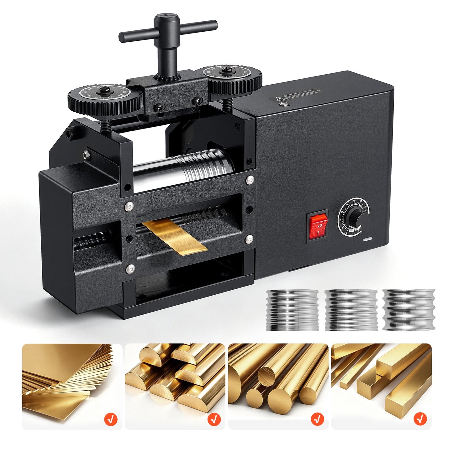 Rolling Mill 4-in-1 Flat Square Round Half-Round Electric Roller Mill, Jewelry DIY Tool, 0.03-7 mm Adjustable Thickness, Stable & Even Rolling, for Pressing Ductile Metals, Gold, Silver, Copper
