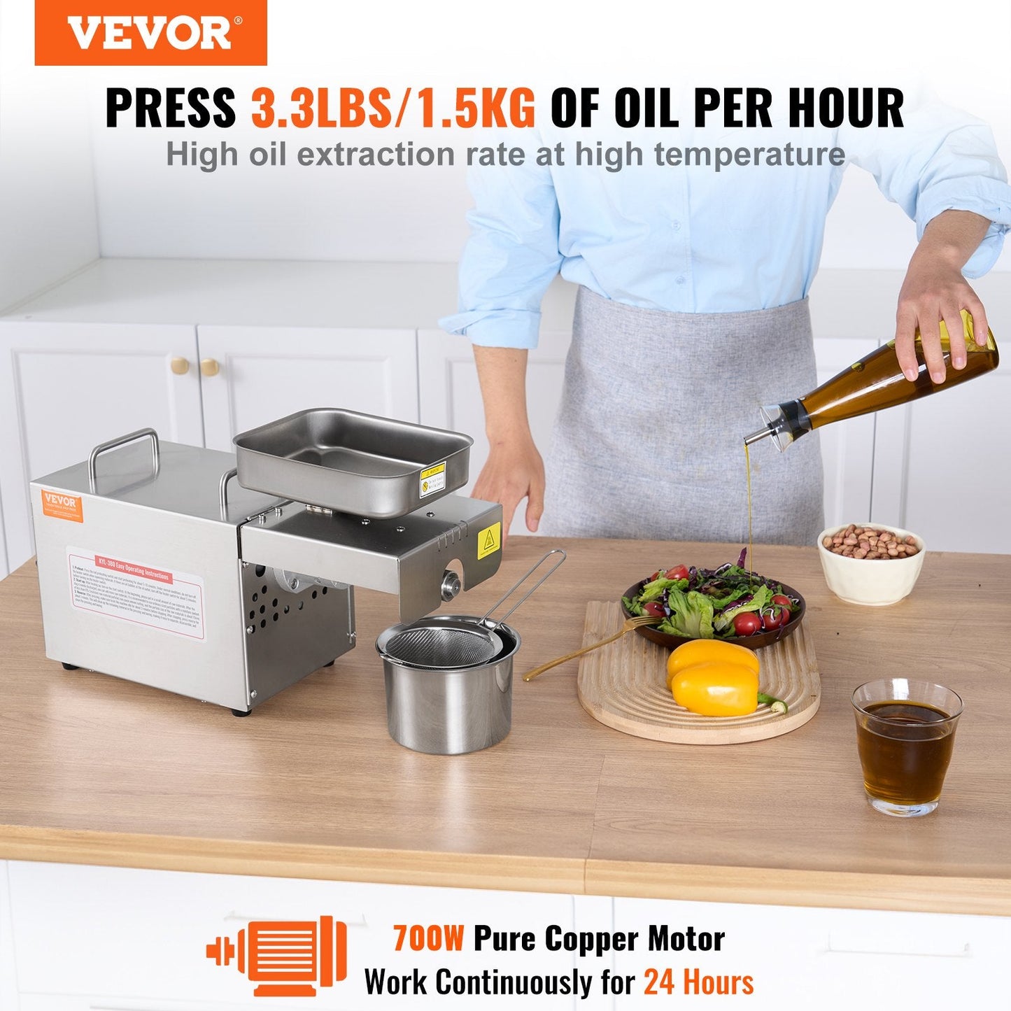 Electric Oil Press Machine, 700W Stainless Steel Extractor, 1.5kg/h, 140°C