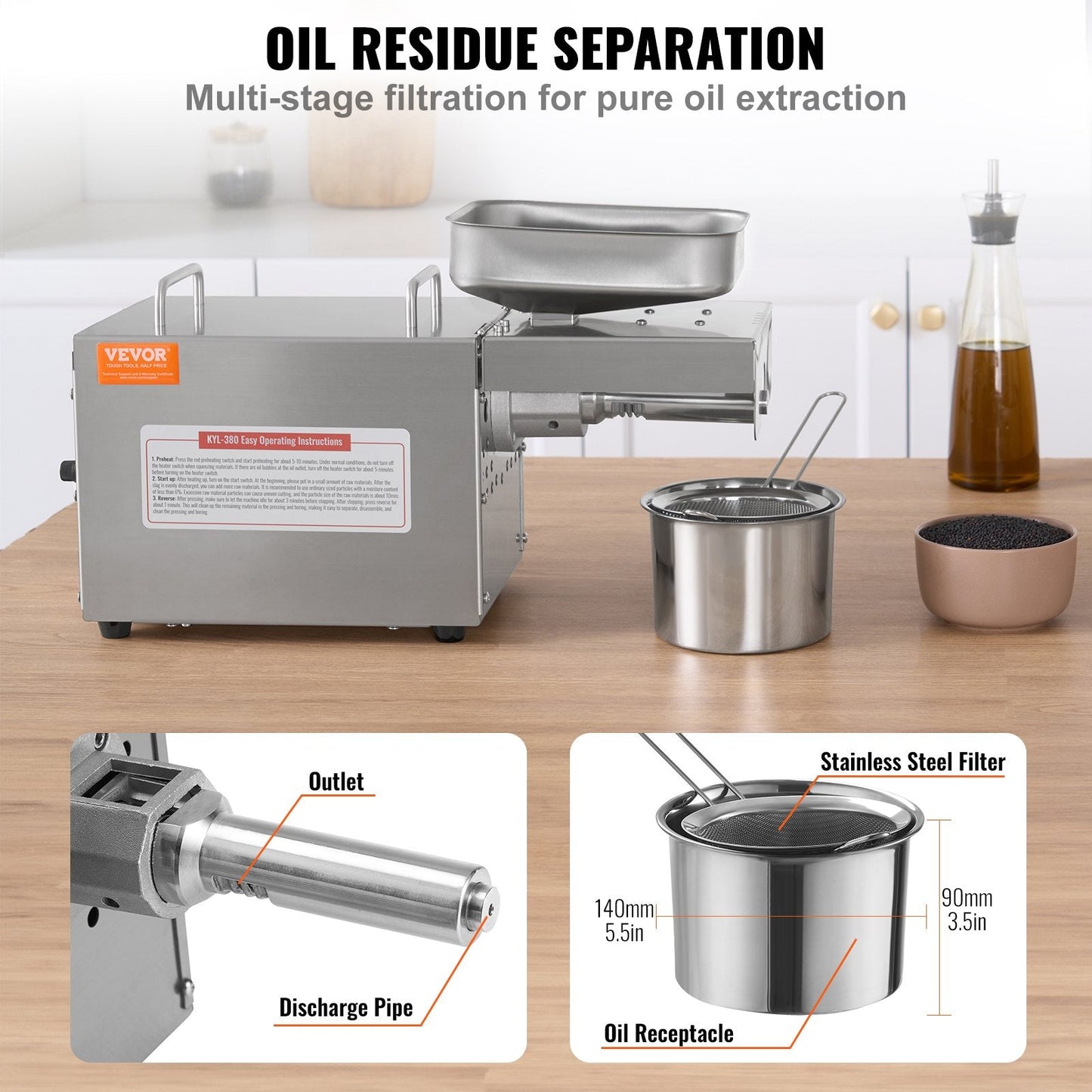 Electric Oil Press Machine, 700W Stainless Steel Extractor, 1.5kg/h, 140°C