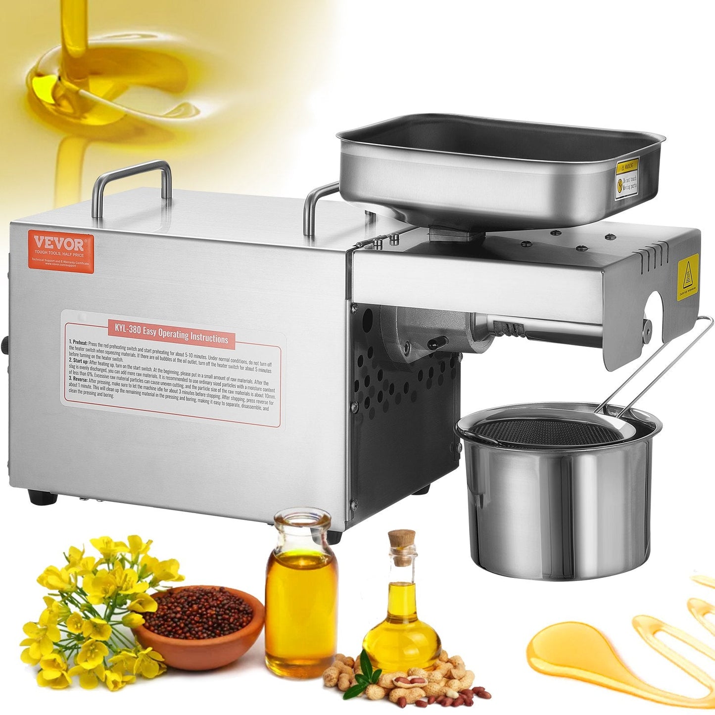 Electric Oil Press Machine, 700W Stainless Steel Extractor, 1.5kg/h, 140°C