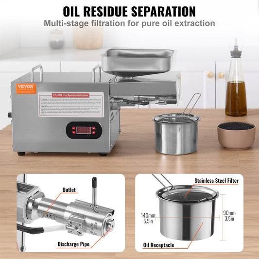 Electric Oil Press Machine, 850W Stainless Steel Oil Extractor, 0-300℃ Adjustable