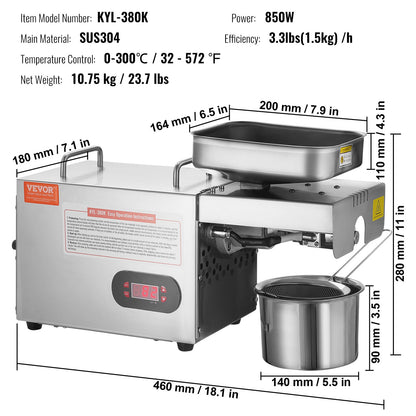 VEVOR Electric Oil Press Machine, 850W Stainless Steel Oil Extractor Machine, 0-300℃