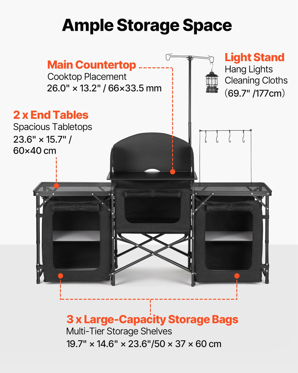 Folding Camping Table, Outdoor Portable Table, Quick Set-up Kitchen Cook Station, with Storage Organizer, Telescoping Legs, a Detachable Windscreen, Carrying Bag, for Picnic BBQ RV Traveling