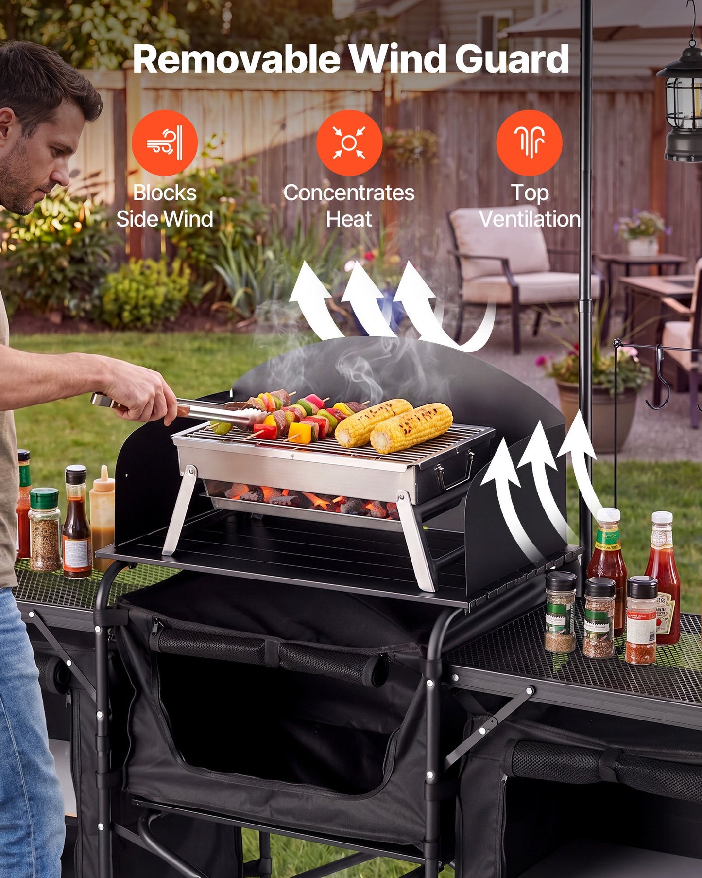 Folding Camping Table, Outdoor Portable Table, Quick Set-up Kitchen Cook Station, with Storage Organizer, Telescoping Legs, a Detachable Windscreen, Carrying Bag, for Picnic BBQ RV Traveling