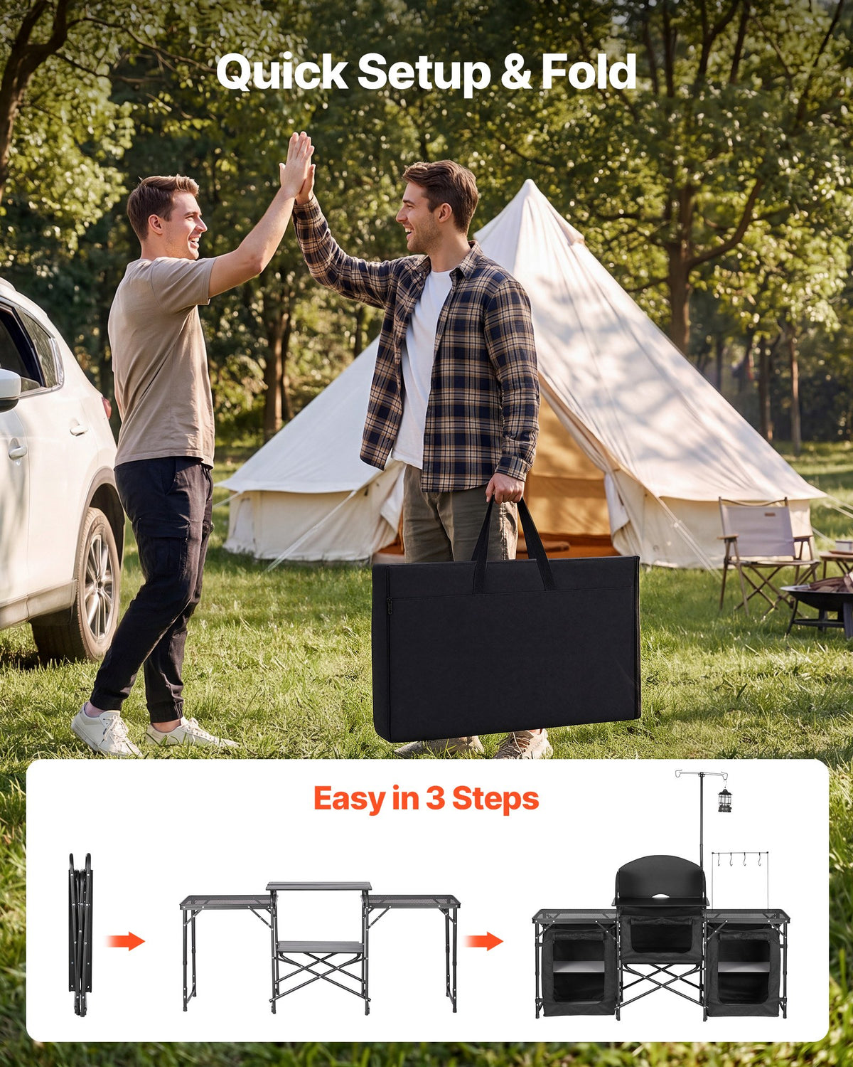 Folding Camping Table, Outdoor Portable Table, Quick Set-up Kitchen Cook Station, with Storage Organizer, Telescoping Legs, a Detachable Windscreen, Carrying Bag, for Picnic BBQ RV Traveling