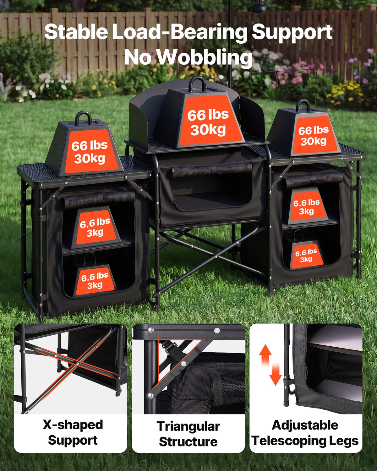Folding Camping Table, Outdoor Portable Table, Quick Set-up Kitchen Cook Station, with Storage Organizer, Telescoping Legs, a Detachable Windscreen, Carrying Bag, for Picnic BBQ RV Traveling
