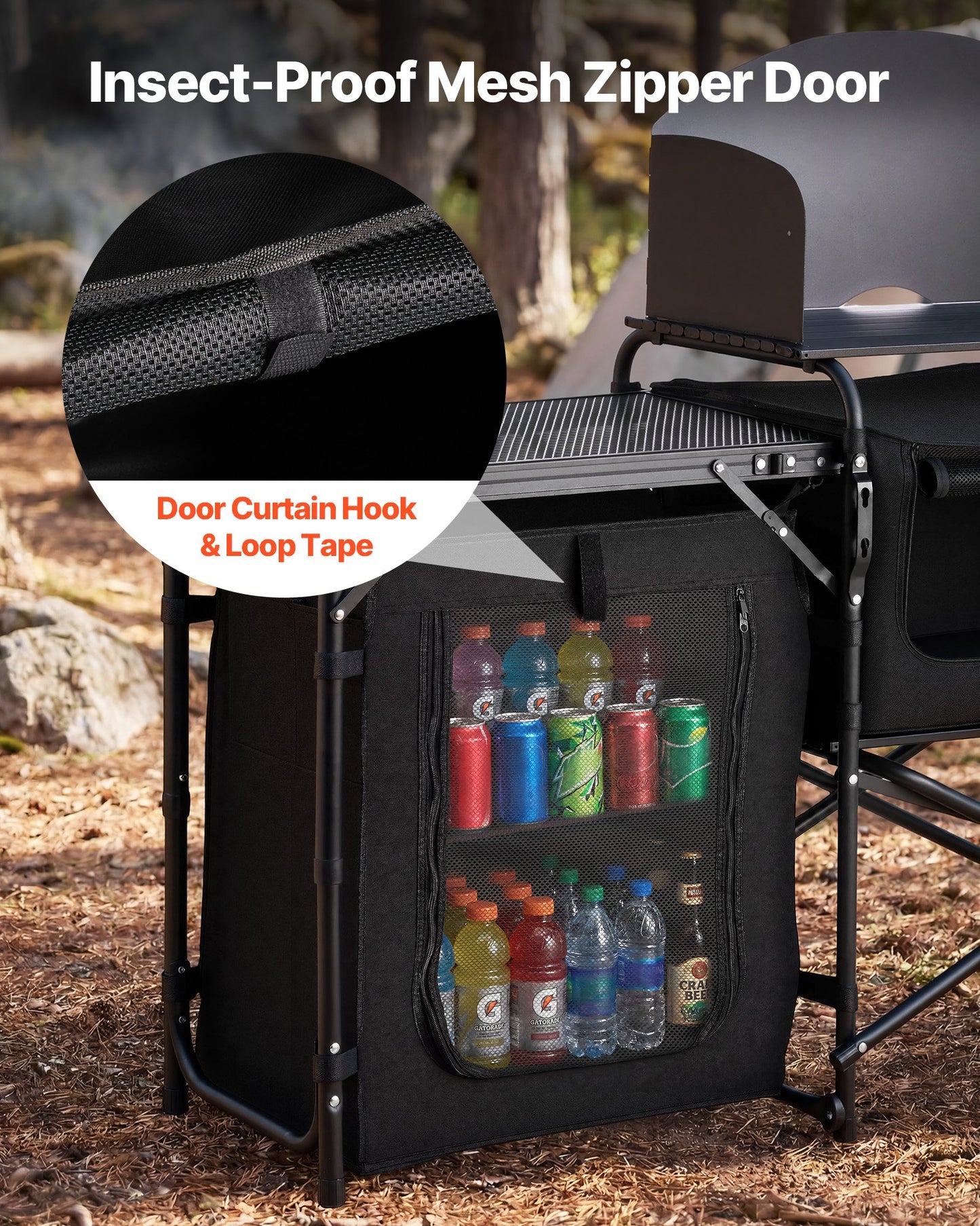 Folding Camping Table, Outdoor Portable Table, Quick Set-up Kitchen Cook Station, with Storage Organizer, Telescoping Legs, a Detachable Windscreen, Carrying Bag, for Picnic BBQ RV Traveling