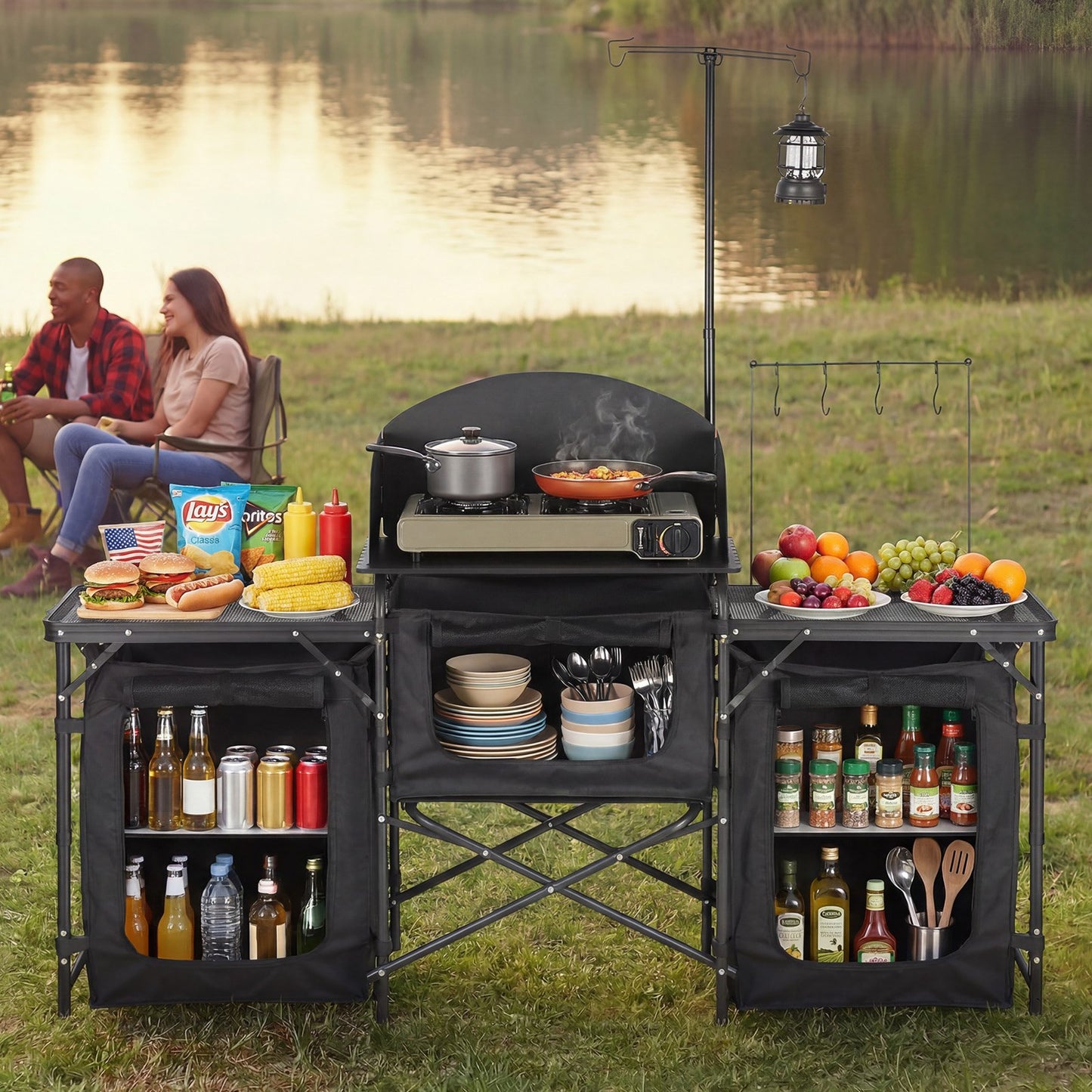 Folding Camping Table, Outdoor Portable Table, Quick Set-up Kitchen Cook Station, with Storage Organizer, Telescoping Legs, a Detachable Windscreen, Carrying Bag, for Picnic BBQ RV Traveling