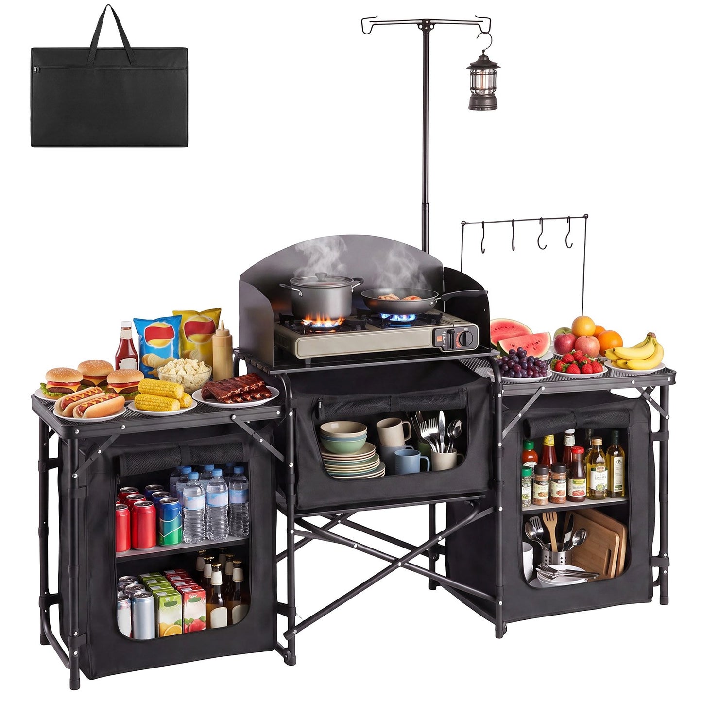 Folding Camping Table, Outdoor Portable Table, Quick Set-up Kitchen Cook Station, with Storage Organizer, Telescoping Legs, a Detachable Windscreen, Carrying Bag, for Picnic BBQ RV Traveling