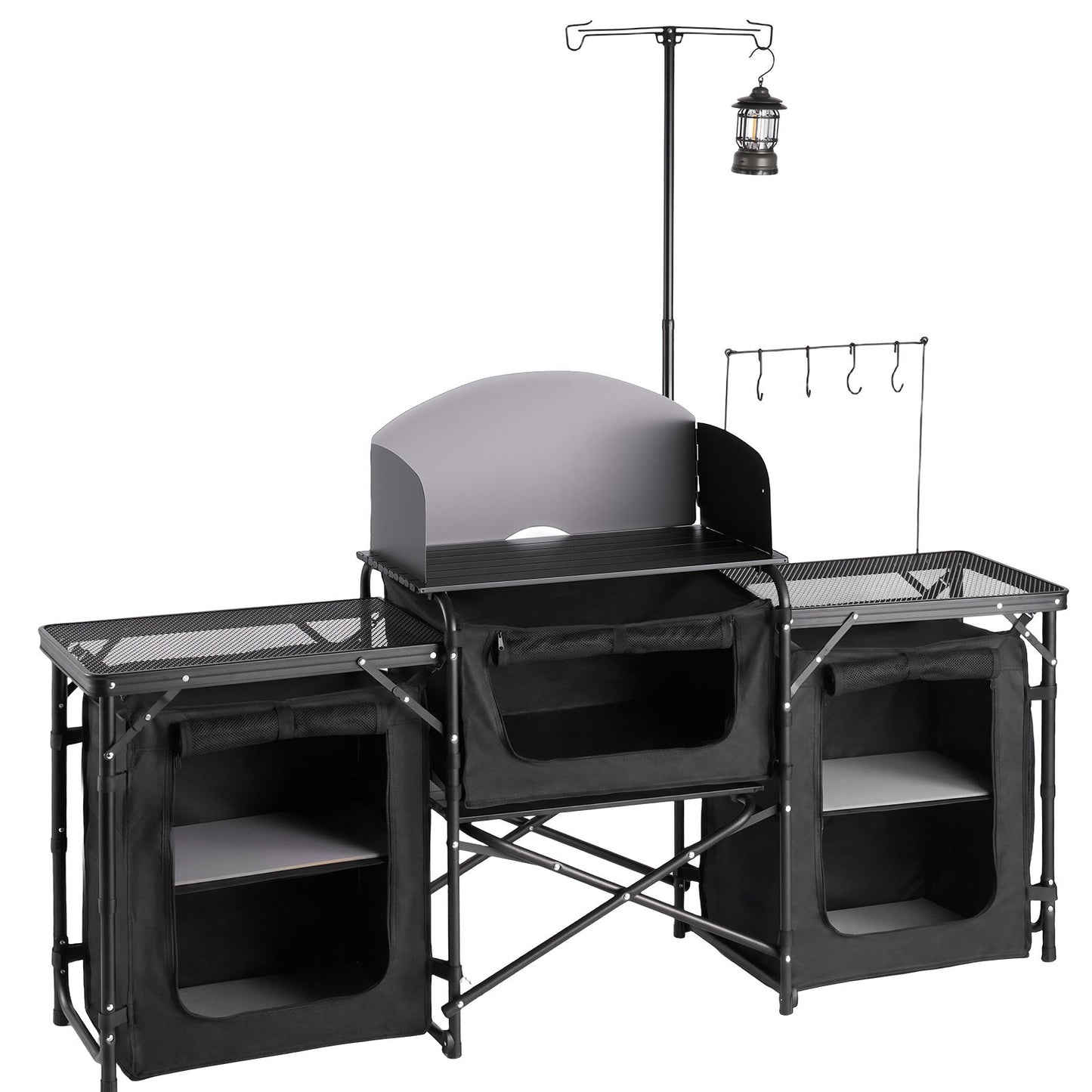 Folding Camping Table, Outdoor Portable Table, Quick Set-up Kitchen Cook Station, with Storage Organizer, Telescoping Legs, a Detachable Windscreen, Carrying Bag, for Picnic BBQ RV Traveling