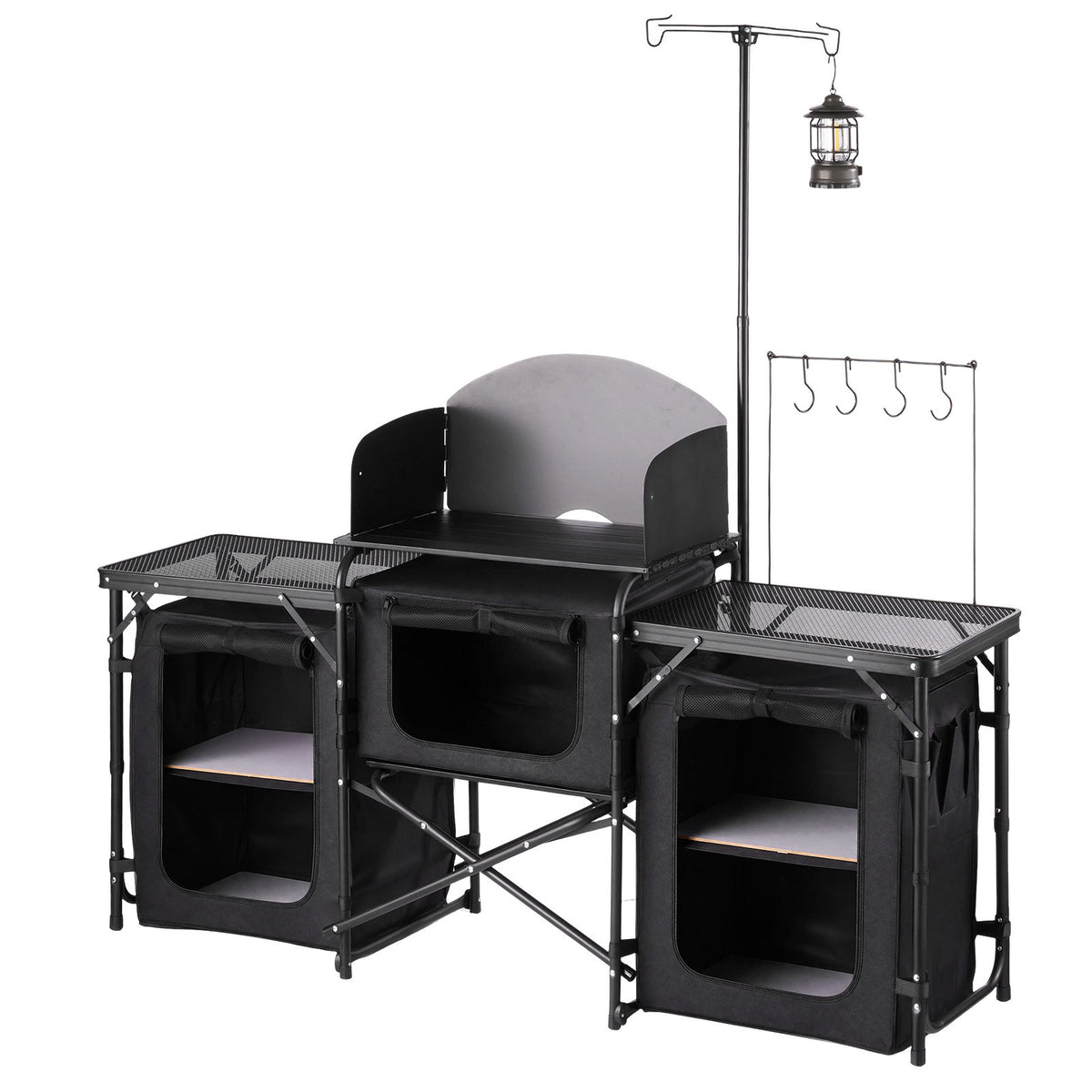 Folding Camping Table, Outdoor Portable Table, Quick Set-up Kitchen Cook Station, with Storage Organizer, Telescoping Legs, a Detachable Windscreen, Carrying Bag, for Picnic BBQ RV Traveling