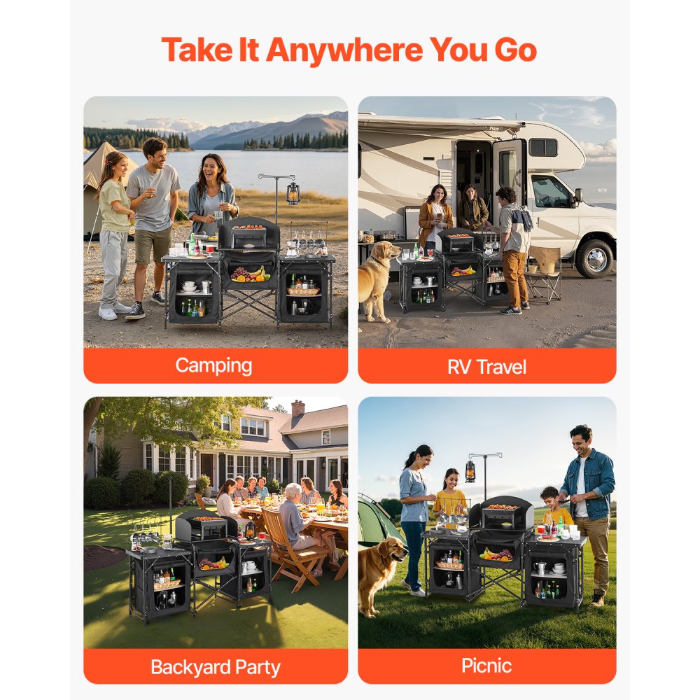 Camping Kitchen Table Portable Outdoor Cook Station Windshield Cupboards