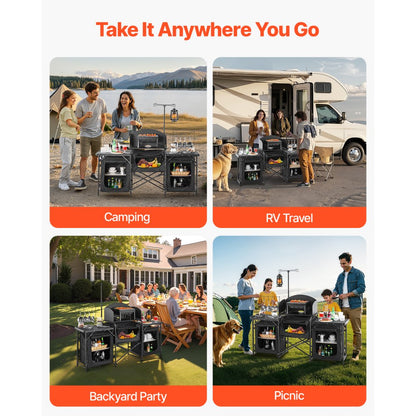Camping Kitchen Table Portable Outdoor Cook Station Windshield Cupboards
