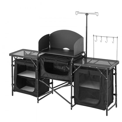 Camping Kitchen Table Portable Outdoor Cook Station Windshield Cupboards