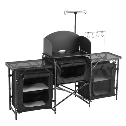 Camping Kitchen Table Portable Outdoor Cook Station Windshield Cupboards