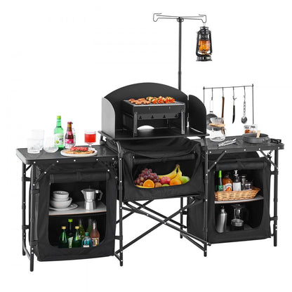 Camping Kitchen Table Portable Outdoor Cook Station Windshield Cupboards