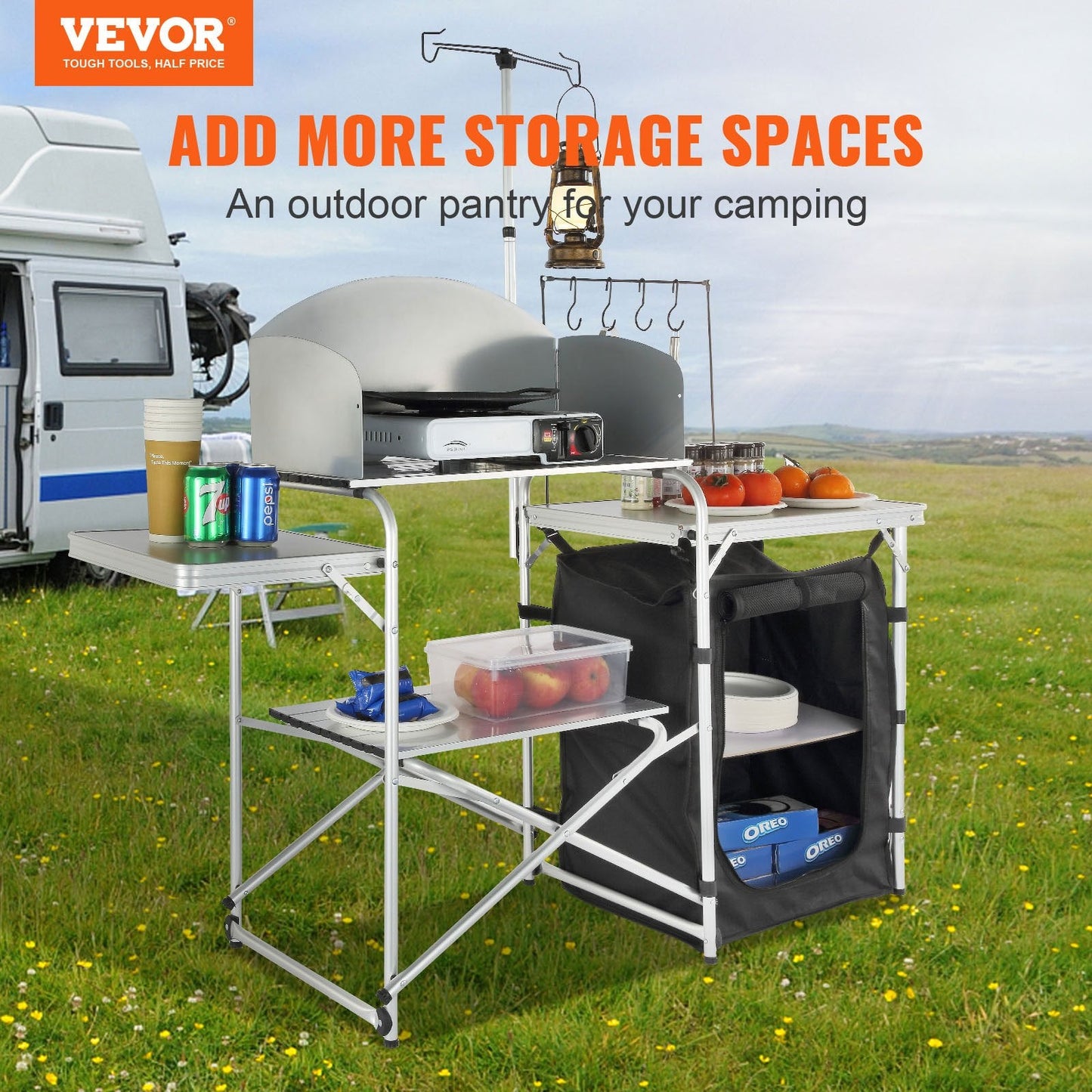 Portable Camping Kitchen Table with Cupboard & Windscreen, Folding Design