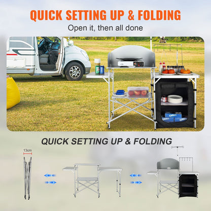 Portable Camping Kitchen Table with Cupboard & Windscreen, Folding Design