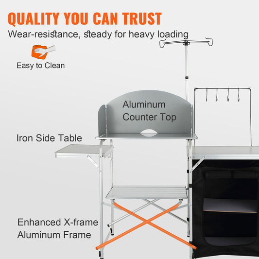 Portable Camping Kitchen Table with Cupboard & Windscreen, Folding Design