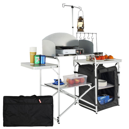 Portable Camping Kitchen Table with Cupboard & Windscreen, Folding Design