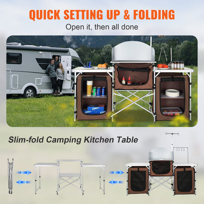 Portable Folding Camping Kitchen Table with Storage and Windscreen