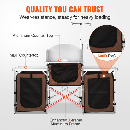 Portable Folding Camping Kitchen Table with Storage and Windscreen
