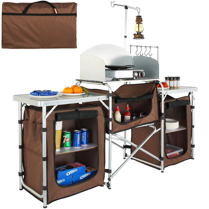 Portable Folding Camping Kitchen Table with Storage and Windscreen
