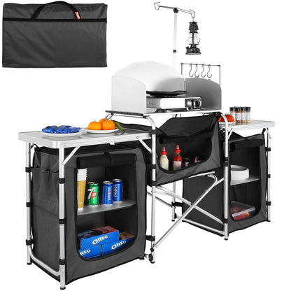 Folding Camping Kitchen Table with Storage, Aluminum Cook Station & Windscreen