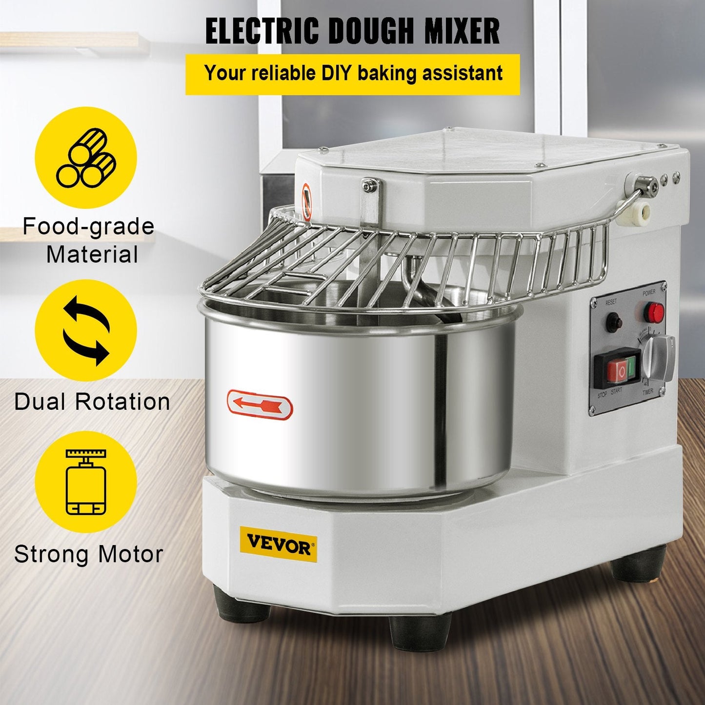 Commercial Spiral Dough Mixer with 8L Stainless Steel Bowl, Dual Rotation, 450W