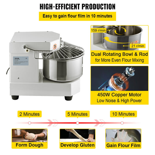 Commercial Spiral Dough Mixer with 8L Stainless Steel Bowl, Dual Rotation, 450W