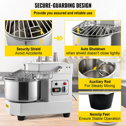 Commercial Spiral Dough Mixer with 8L Stainless Steel Bowl, Dual Rotation, 450W