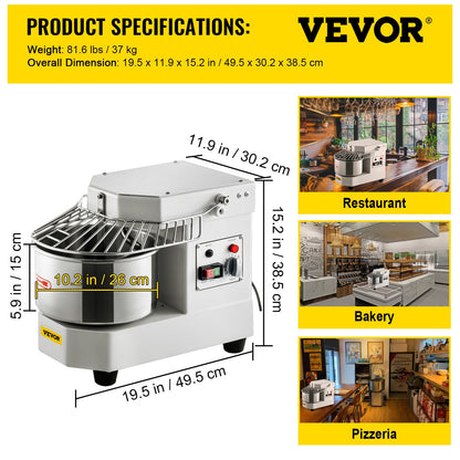 VEVOR Commercial Dough Food Mixer Spiral Dough Mixer w/ 8L Stainless Steel Bowl