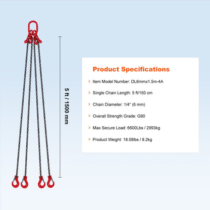VEVOR 6 mm x 150 cm Chain Sling 4 Legs G80 Lifting Chain with Grab Hooks 2993 kg