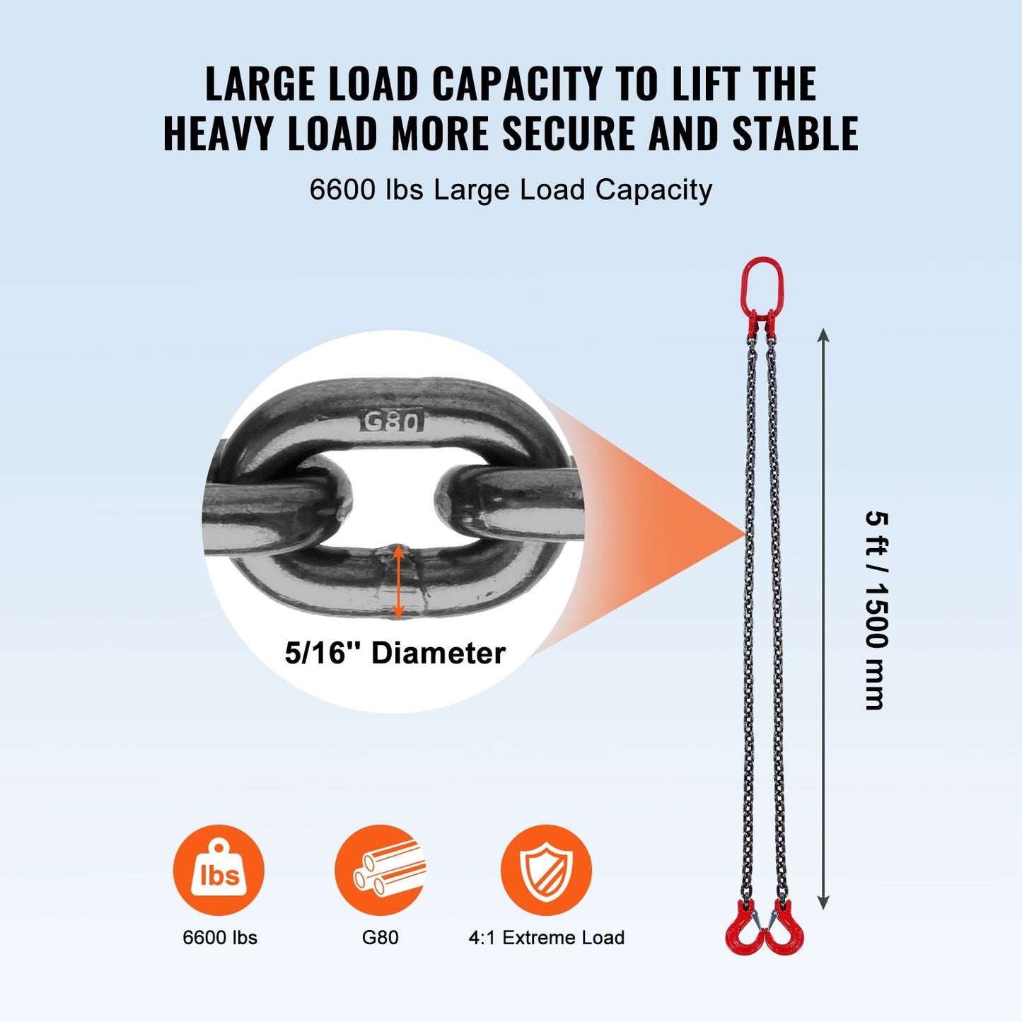 VEVOR 8 mm x 150 cm Chain Sling 2 Legs G80 Lifting Chain with Grab Hooks 2993 kg