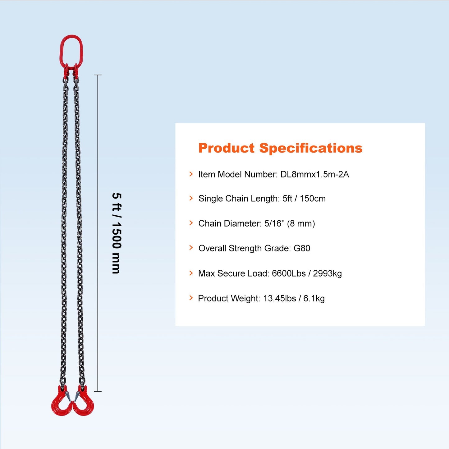 VEVOR 8 mm x 150 cm Chain Sling 2 Legs G80 Lifting Chain with Grab Hooks 2993 kg