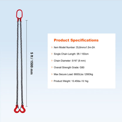 VEVOR 8 mm x 150 cm Chain Sling 2 Legs G80 Lifting Chain with Grab Hooks 2993 kg