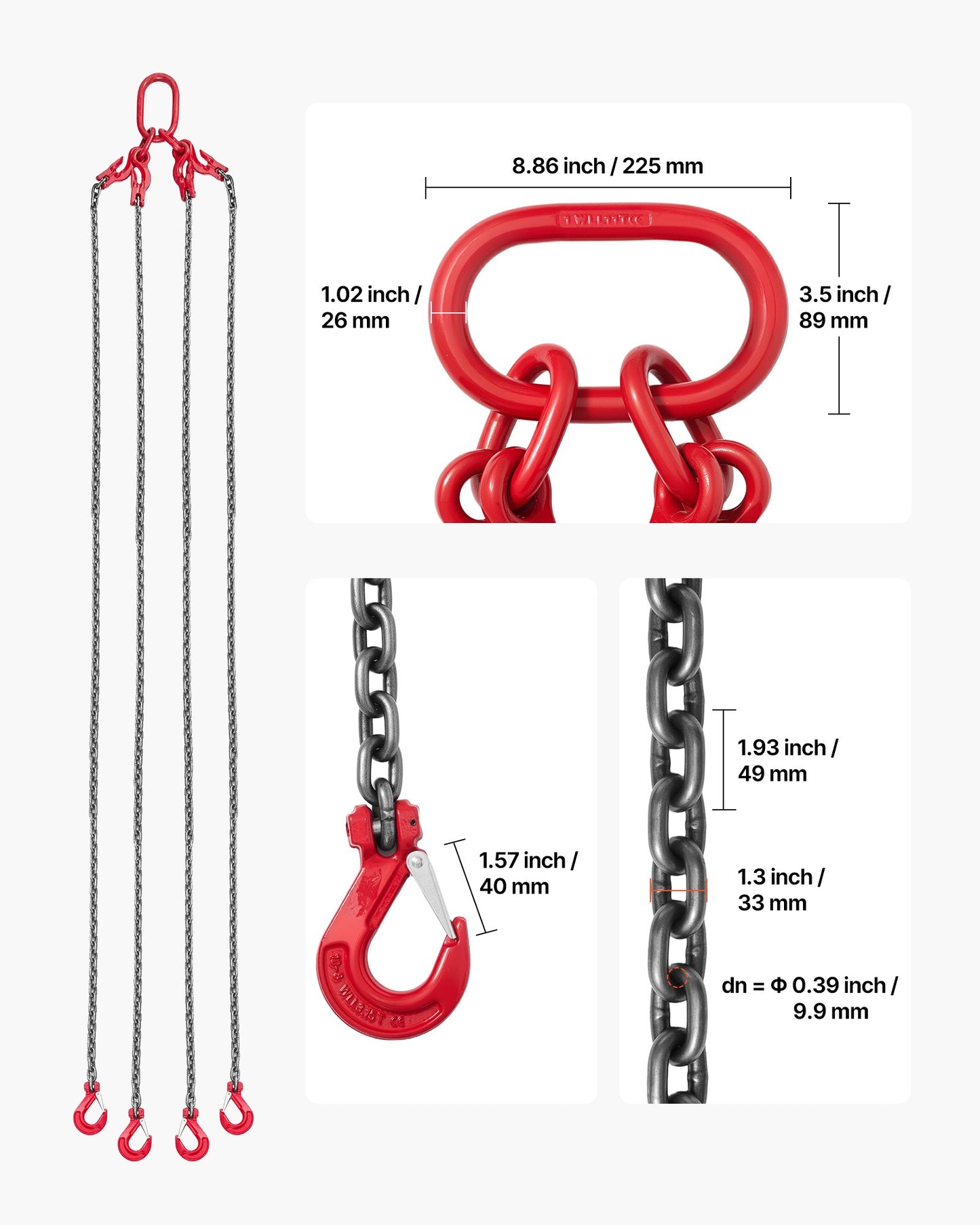 Chain Sling, 10mm x 3 m Lifting Chains with 4 Leg Grab Hooks, Heavy Duty G80 Alloy Steel Lifting Sling, 10.4 Ton Capacity, Adjustable Engine Chain Hoist Lifts for Cargo Security Towing