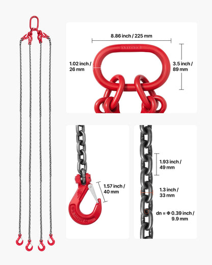 Chain Sling, 10mm x 3 m Lifting Chains with 4 Leg Grab Hooks, Heavy Duty G80 Alloy Steel Lifting Sling, 10.4 Ton Capacity, Adjustable Engine Chain Hoist Lifts for Cargo Security Towing