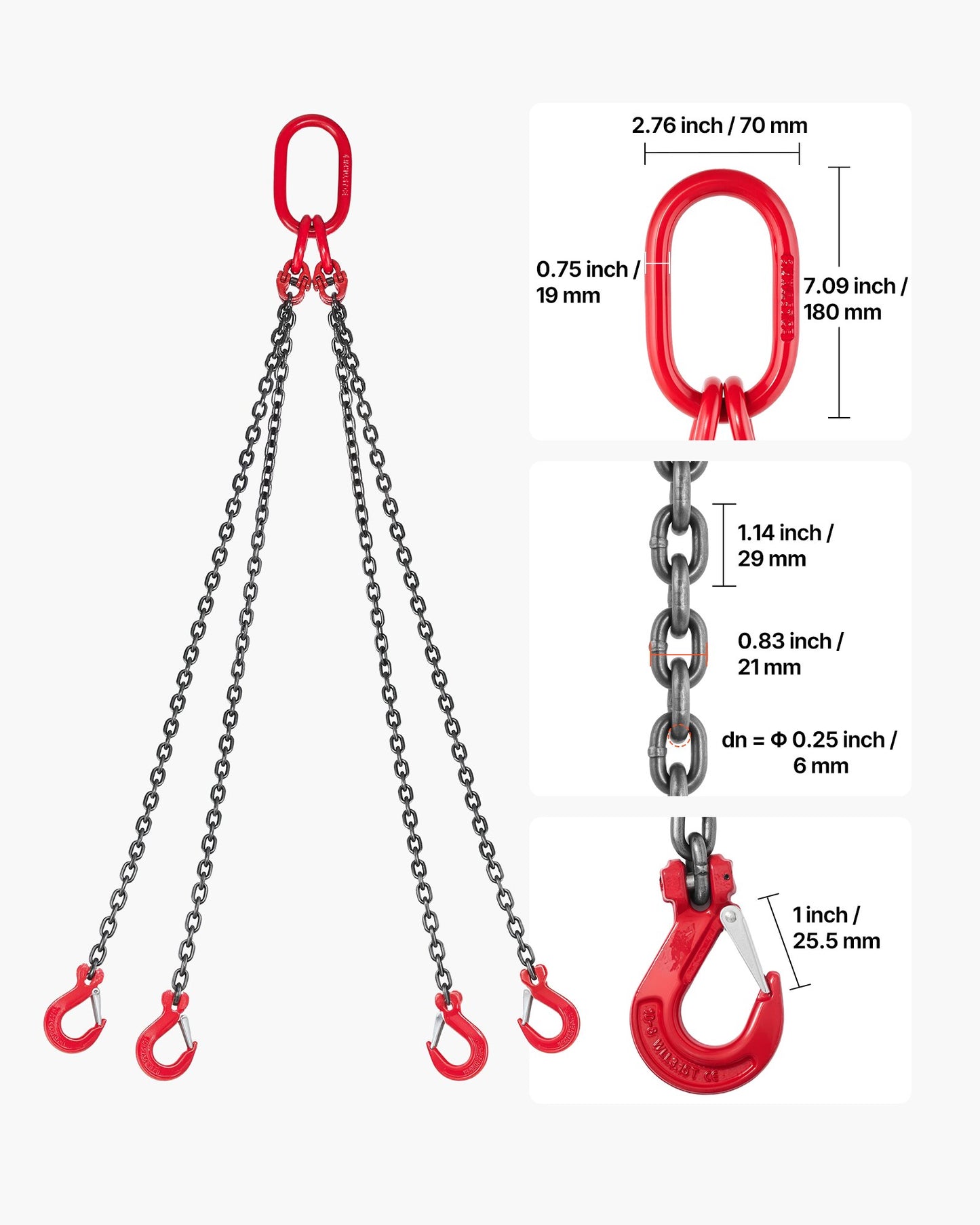 Chain Sling, 6.3mm x 1.5 m Lifting Chains with 4 Leg Grab Hooks,Heavy Duty G80 Alloy Steel Lifting Sling,  2993kg Capacity, Adjustable Engine Chain Hoist Lifts for Cargo Security Towing