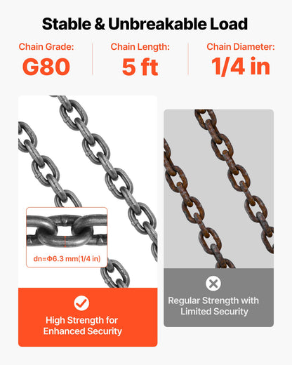 Chain Sling, 6.3mm x 1.5 m Lifting Chains with 4 Leg Grab Hooks,Heavy Duty G80 Alloy Steel Lifting Sling,  2993kg Capacity, Adjustable Engine Chain Hoist Lifts for Cargo Security Towing