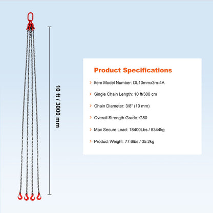 VEVOR 10 mm x 300 cm Chain Sling 4 Legs G80 Lifting Chain with Grab Hooks 8344kg