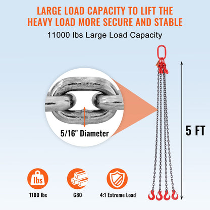 VEVOR Chain Sling, 4990 kg Weight Capacity, 7.9 mm x 1.5 m G80 Lifting Chain with